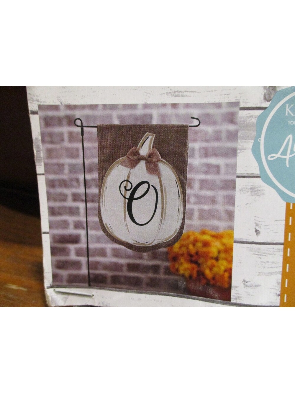 Kirklands Autumn Harvest Monogram O Pumpkin Garden Flag Set With Stand NWT Fall